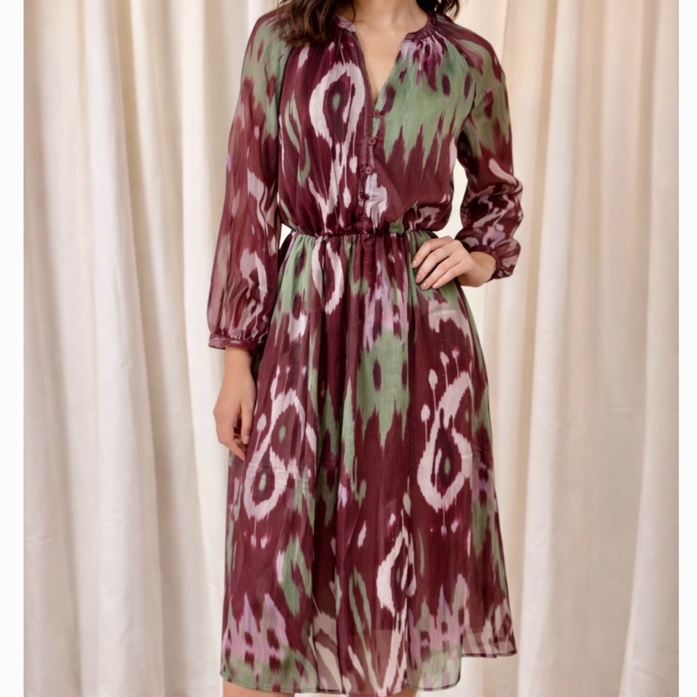 NWT Grace + Karma ‘Long-Sleeve Ikat Print Maxi Dress’ in Burgundy & Green Size M